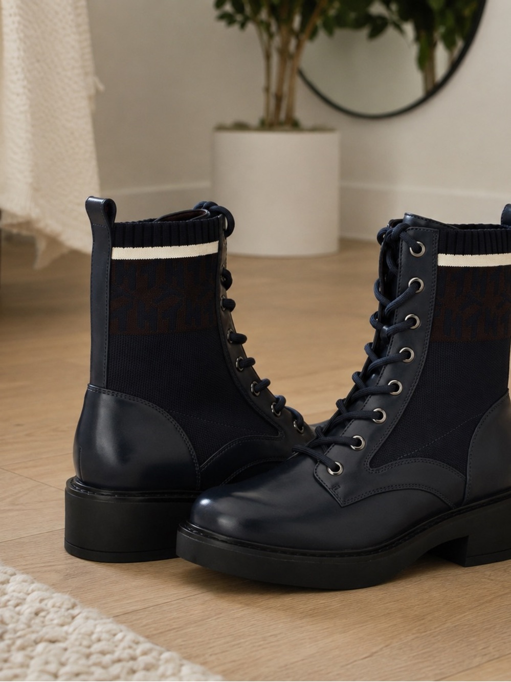 Tommy Hilfiger Navy Lace-Up Sock Collar Combat Boots